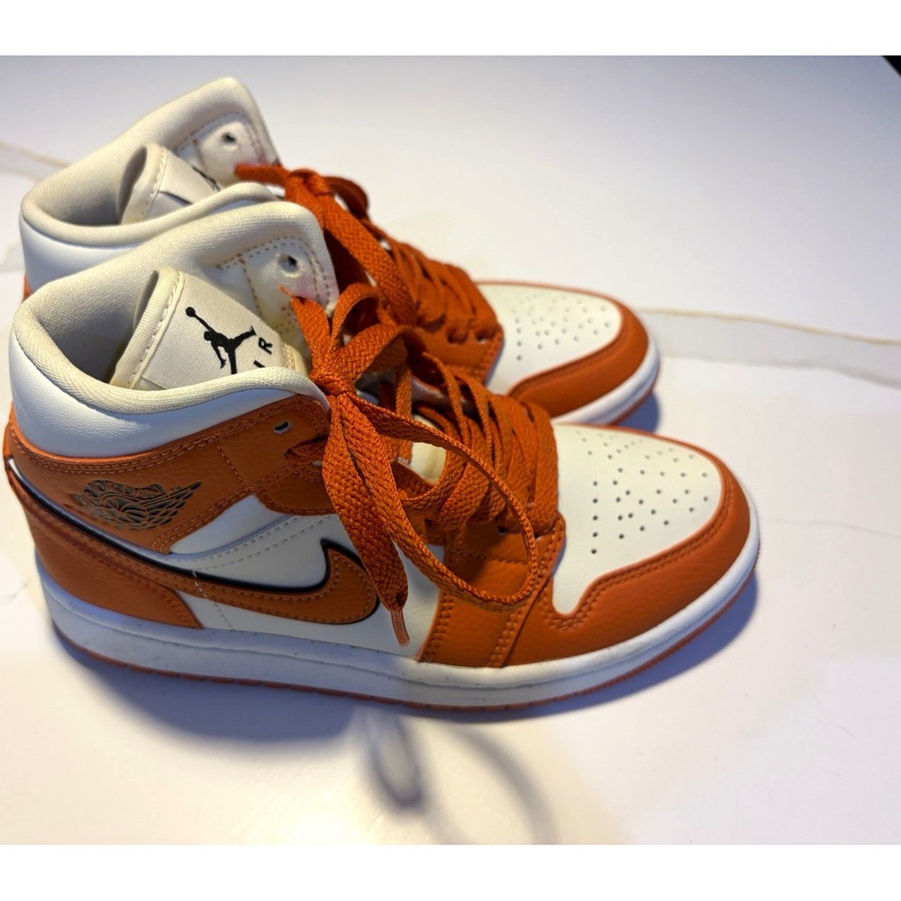 Jordan Air Jordan 1 Mid Top Orange White Leather Sneakers Kids US 5 DV1302-100